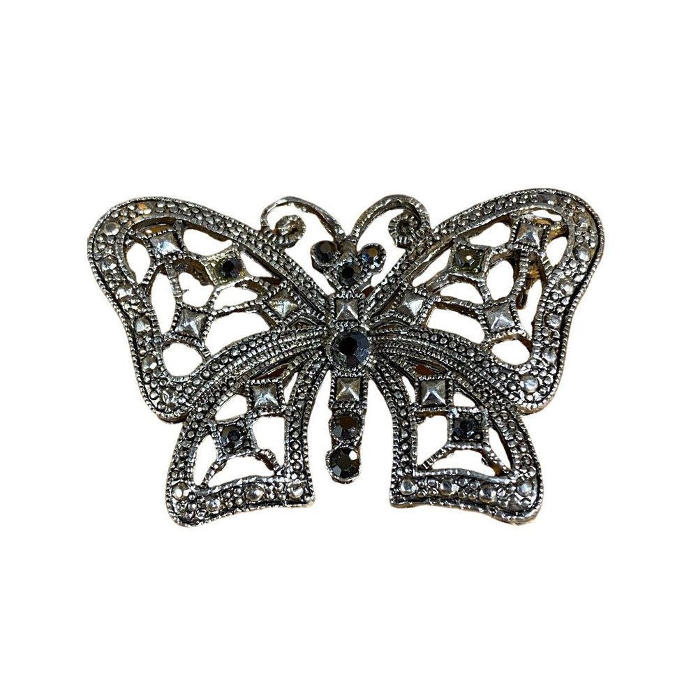 Filigree Butterfly Silver Color Pin Brooch Glass Crystal Rhinestone Accents - Picture 1 of 10